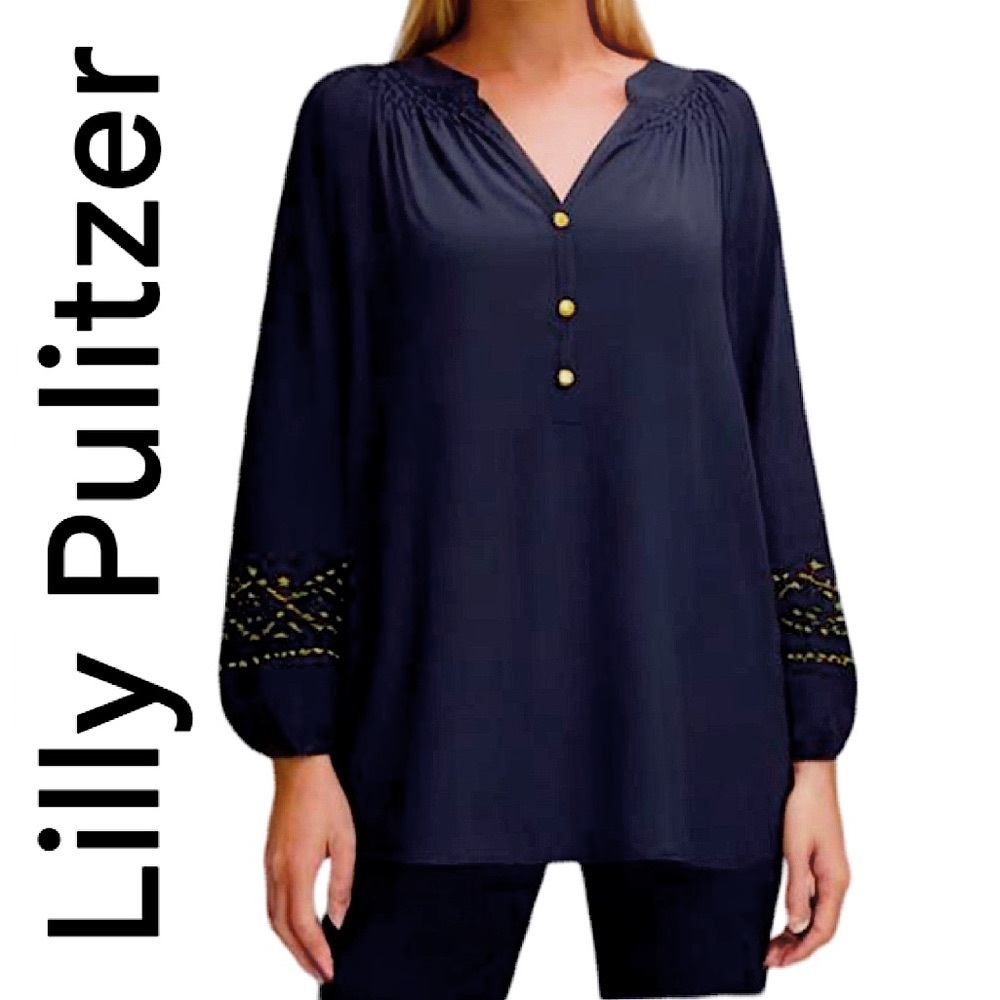 LILLY PULITZER.NWOT.100% Silk. Beautiful Beaded “Elsa” boho blouse.Black.Size L.